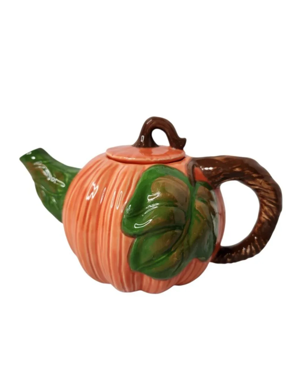 Vintage Autumn Orange Pumpkin Ceramic Teapot Lid Green Spout Brown Handle 5